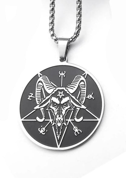 Silbernes Baphomet-Pendant mit Pentagramm-Ziegenmotiv, gotisch, Metallkette