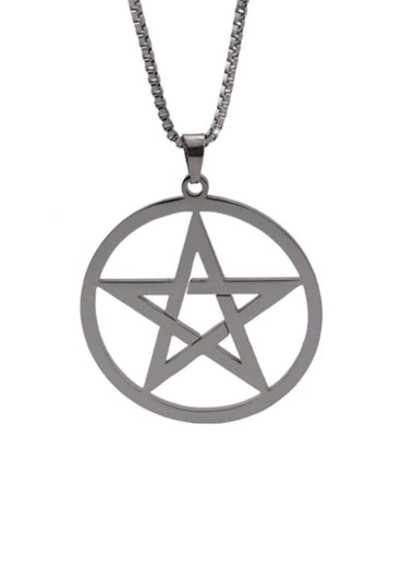 Silberner pentagramm anhänger auf boxkette in pentagram metalics black halskette aus metalics black material