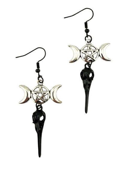 Schwarze und silberne Triple-Mond-Pentagramm-Schädel-Ohrhänger, gothic dark fantasy