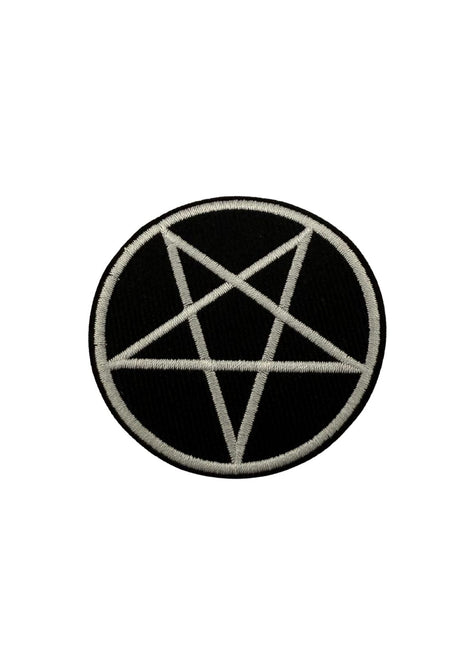 Schwarzer runder Aufnäher mit weißem gesticktem Pentagramm.