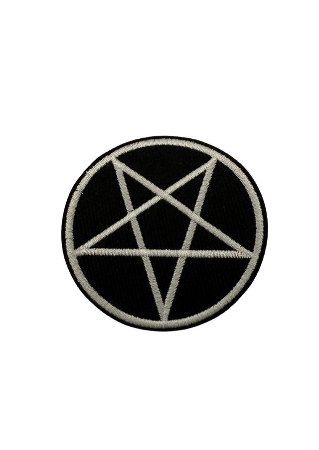 Schwarzer runder Aufnäher mit weißem gesticktem Pentagramm.