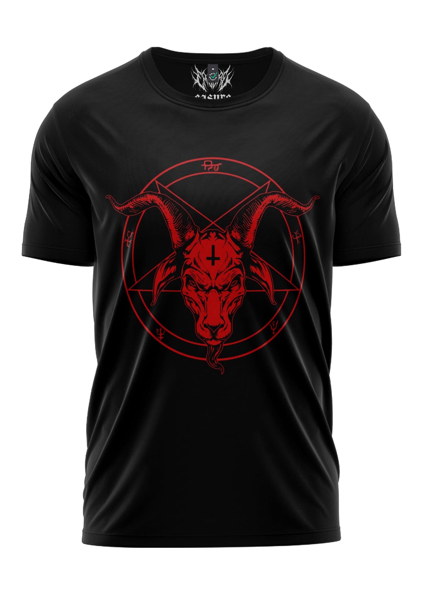 Schwarzes Gothic-Metal-T-Shirt mit rotem Pentagramm-Ziegenkopf