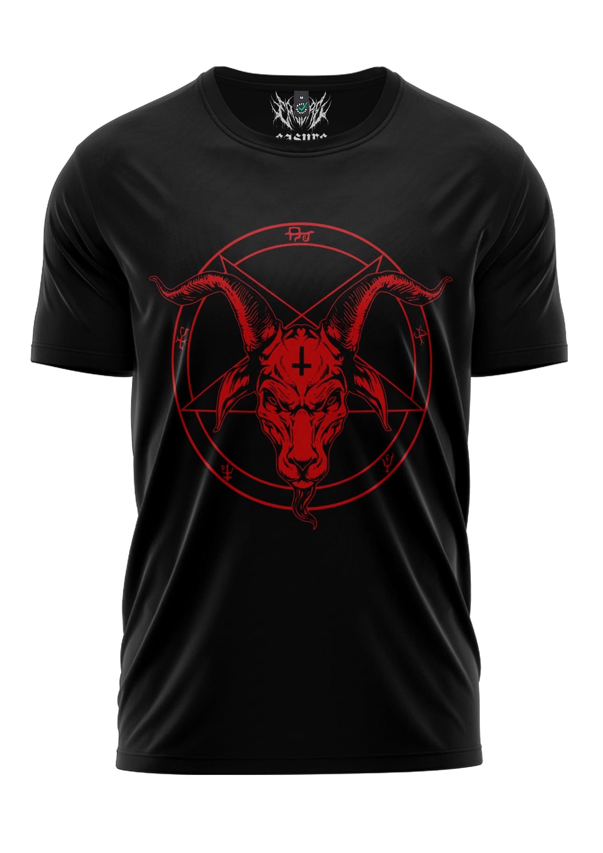 Schwarzes Gothic-Metal-T-Shirt mit rotem Pentagramm-Ziegenkopf
