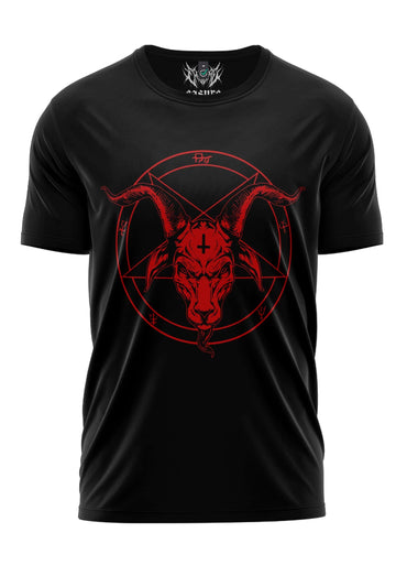 Schwarzes kurzarmshirt mit rotem gothic pentagramm und ziegenkopfgrafik für horror fans