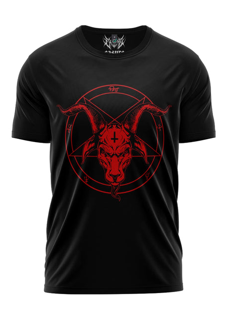 Schwarzes Gothic-Metal-T-Shirt mit rotem Pentagramm-Ziegenkopf