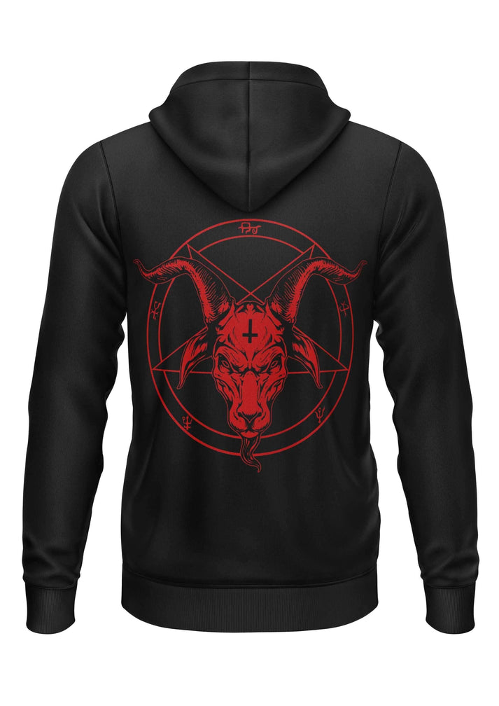 Schwarzer zip-up hoodie mit rotem pentagramm rot und ziegenkopf grafik von gaia lizenzierte kleidung ltd
