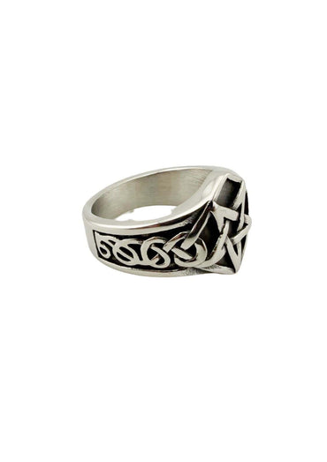Silberner pentagram edelstahlring mit keltischem knotendesign und strukturierter metallischer oberfläche aus china