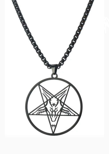 Schwarze metal halskette mit rundem pentagramm und ziegenkopf silhouette im pentagram round black design