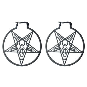 Schwarze runde ohrringe mit pentagramm und ziegenkopf im zentrum pentagram round black design