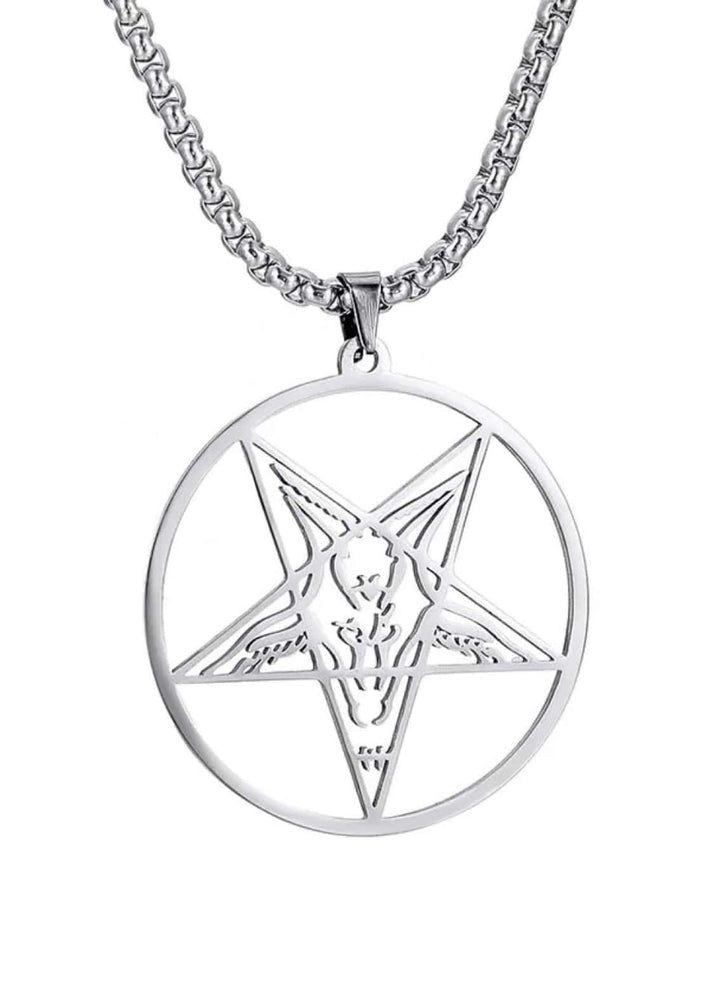 Silberne pentagram round halskette mit gothic goat head design im offenen rundrahmen an passender kette