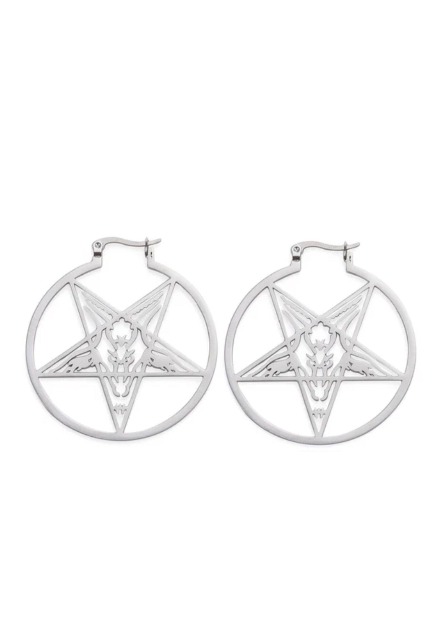 Silberne Pentagram Round Ohrringe mit gotischem Ziegenkopf