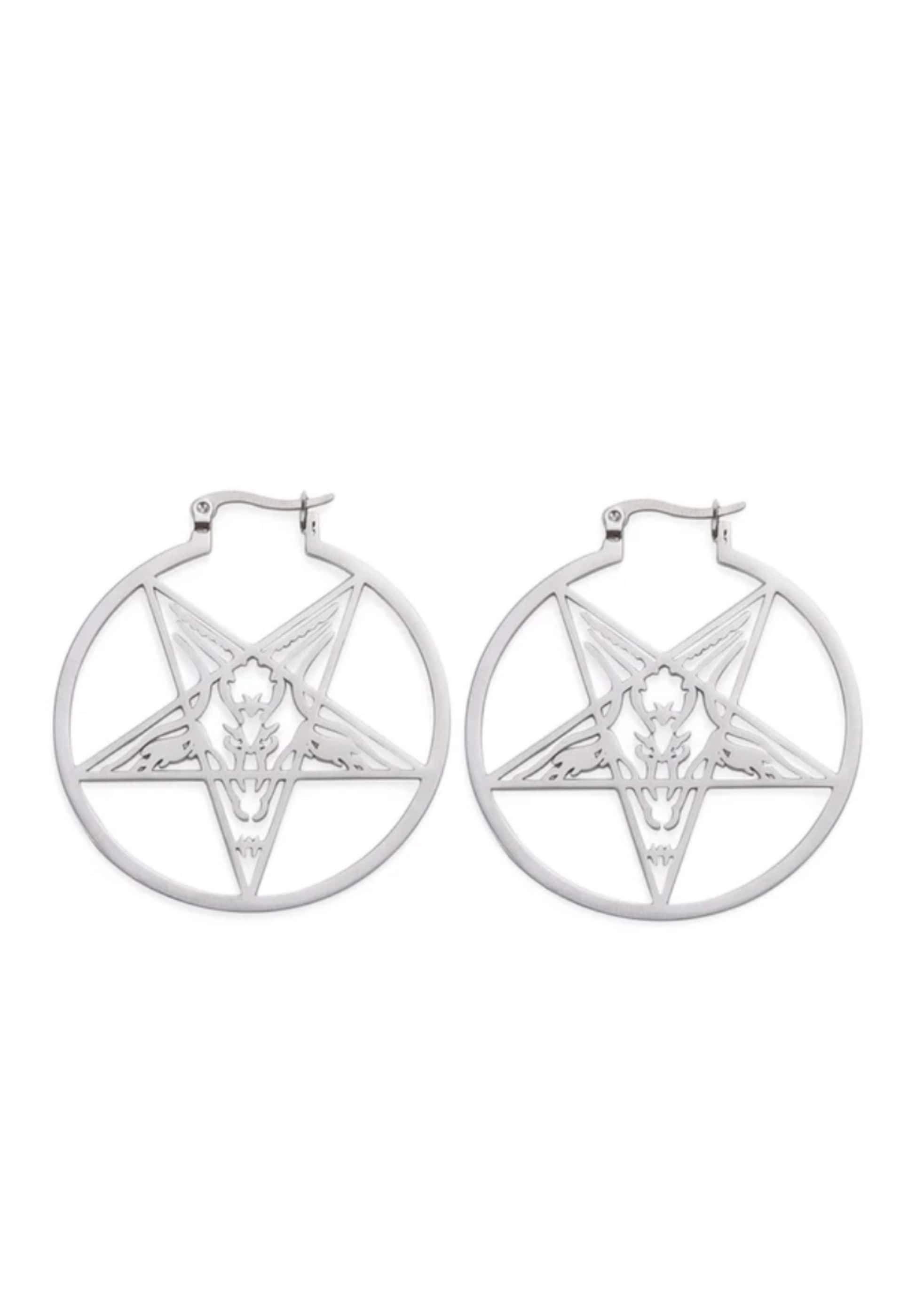 Silberne Pentagram Round Ohrringe mit gotischem Ziegenkopf