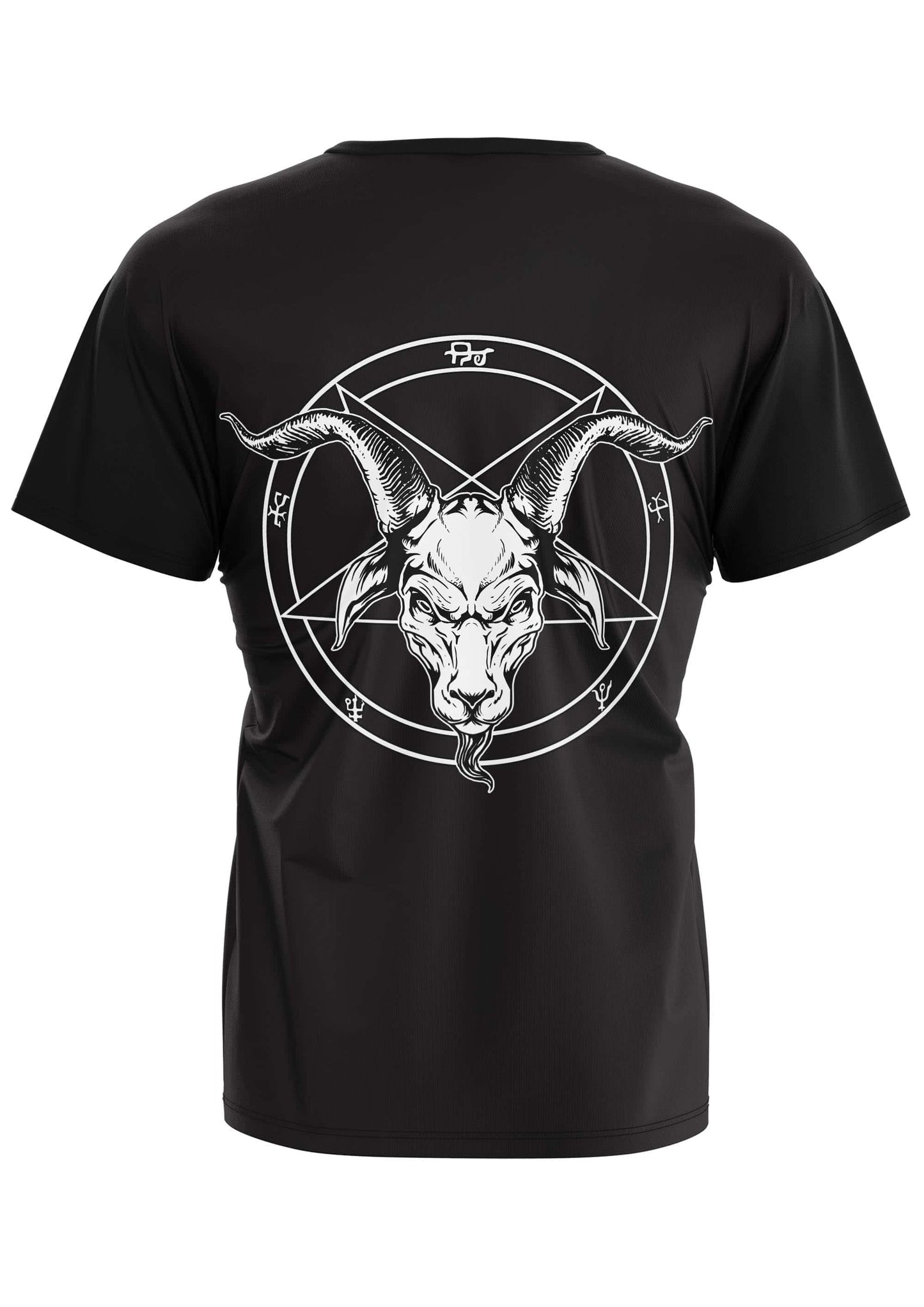 Schwarzes gothic kurzarmshirt mit weißem goat-head grafik im umgedrehten pentagramm hinten bedruckt