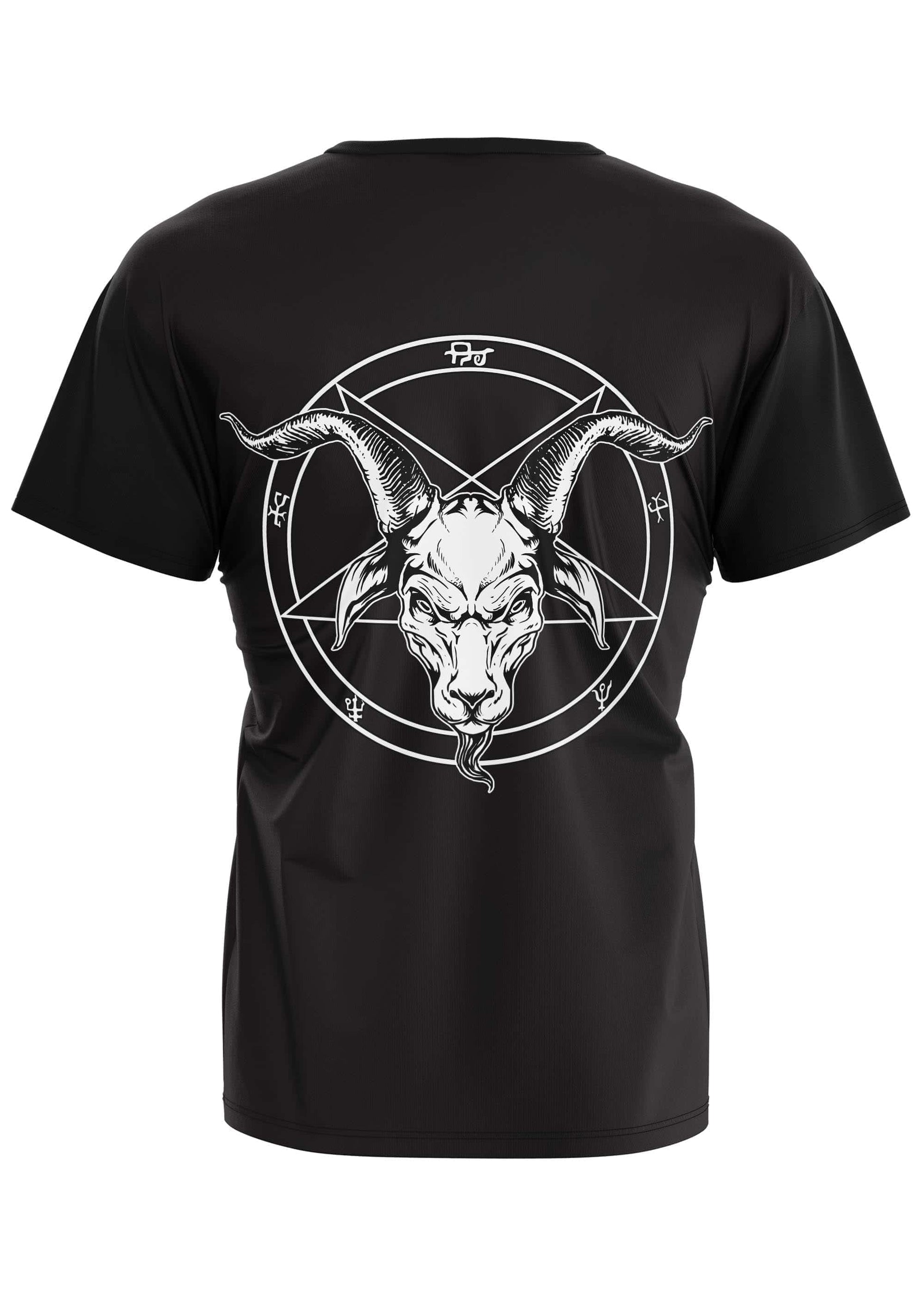 Schwarzes gothic kurzarmshirt mit weißem goat-head grafik im umgedrehten pentagramm hinten bedruckt