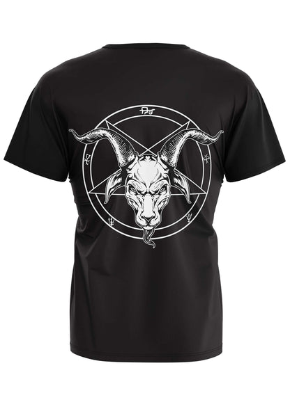 Schwarzes gothic kurzarmshirt mit weißem goat-head grafik im umgedrehten pentagramm hinten bedruckt