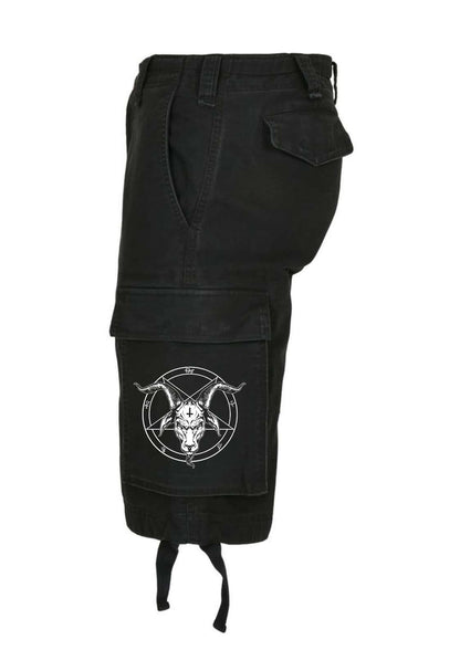 Schwarze cargo vintage short mit weißem Ziegenkopf emblem in einem pentagramm auf der unteren bein tasche