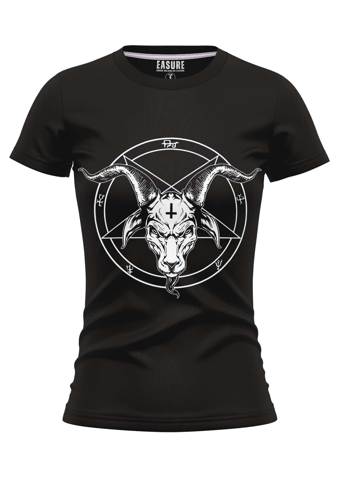 Schwarzes gothic t-shirt mit weißem horror pentagramm und ziegenkopf grafik auf der vorderseite bitte girly shirt