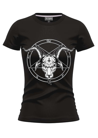 Schwarzes gothic t-shirt mit weißem horror pentagramm und ziegenkopf grafik auf der vorderseite bitte girly shirt