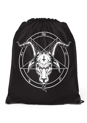 Schwarzer pentagram white gym bag mit externe kordelhalterungen und weißem ziegenkopf grafik im umgekehrten pentagramm