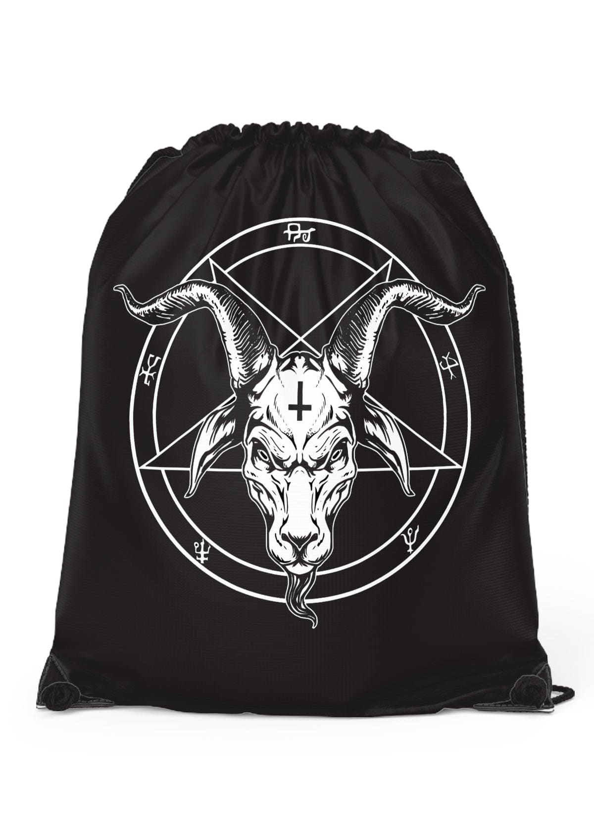 Schwarze Gym Bag Pentagram White mit Ziegenkopf-Pentagramm und externen Kordelhalterungen