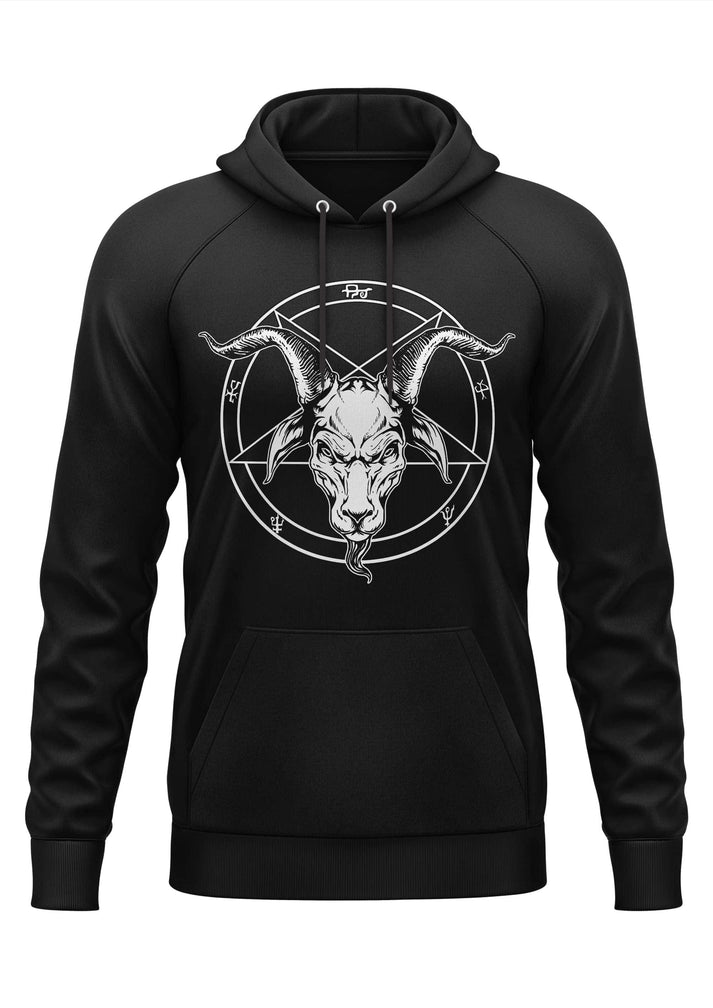 Schwarzer hoodie mit weißem pentagramm und ziegenkopf grafik, gothic und horror stil für bitte fans