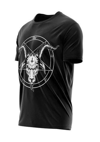 Schwarzes Gothic-Metal T-Shirt mit weißem Ziegenkopf im umgekehrten Pentagramm