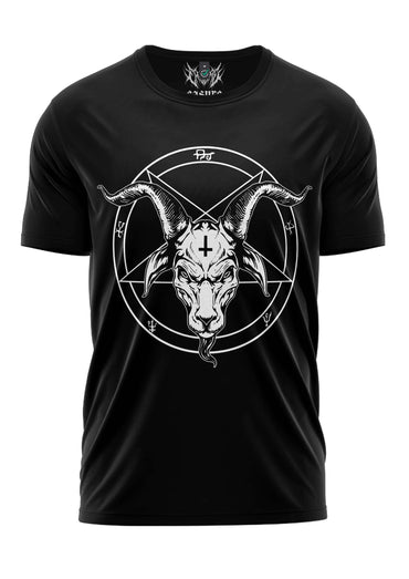 Schwarzes kurzarmshirt bitte mit detailliertem weißem gothic horror ziegenkopf in umgekehrtem pentagramm