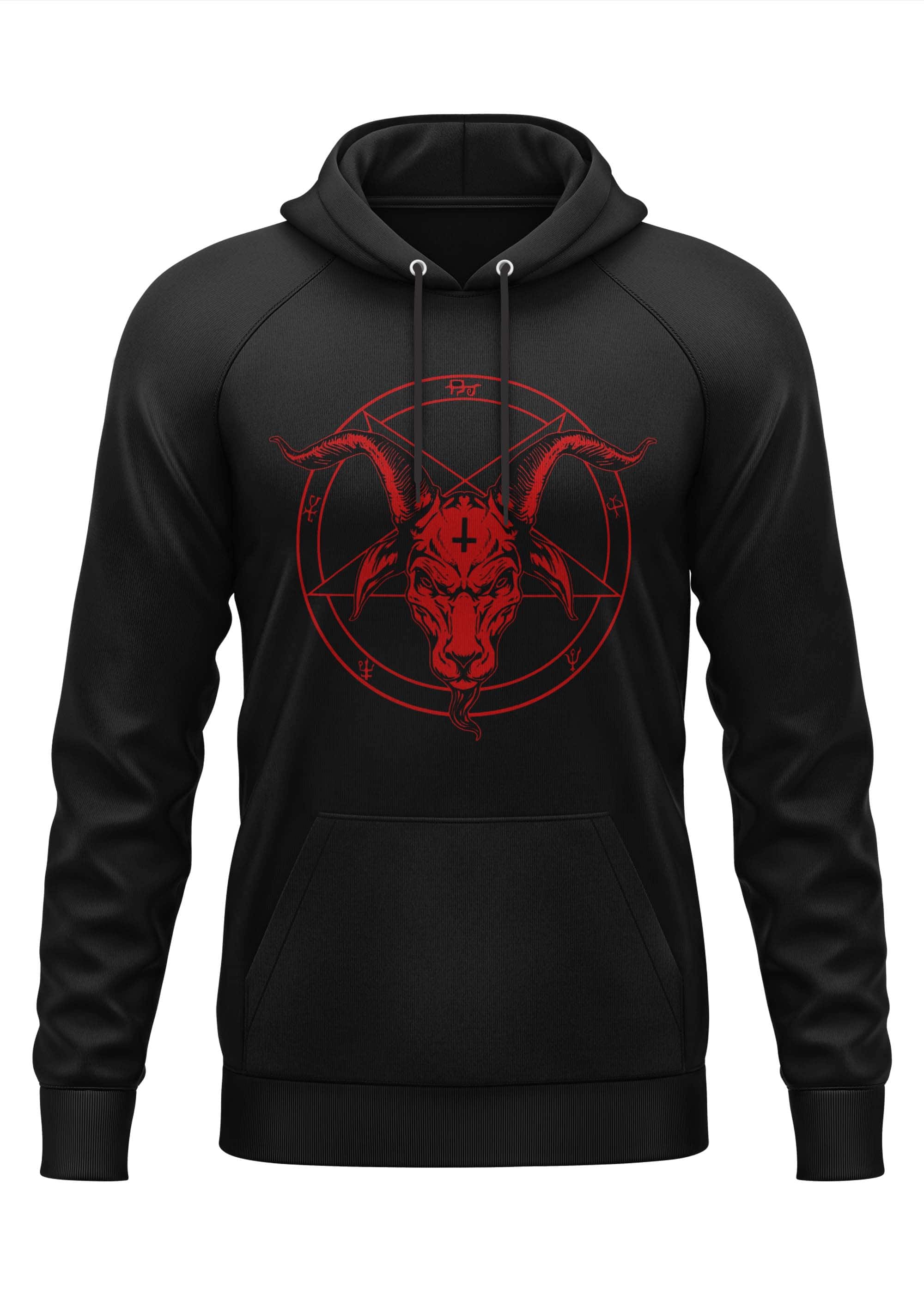 Schwarzes Gothic-Hoodie Pentagram Red mit rotem Ziegenkopf-Pentagramm