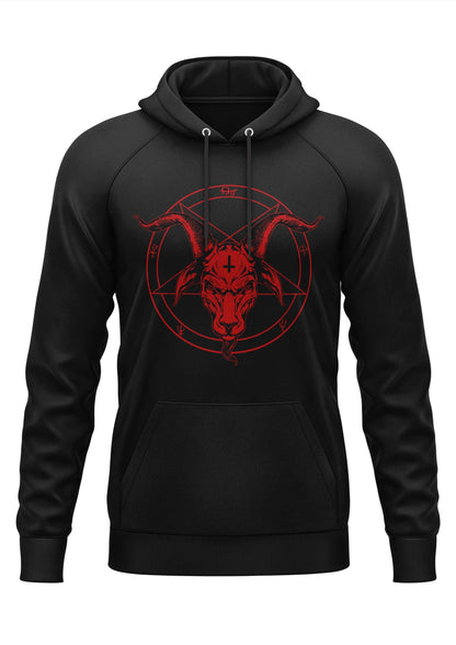 Black hoodie mit rotem gothic pentagramm und ziegenkopf grafik perfekt für horror fans