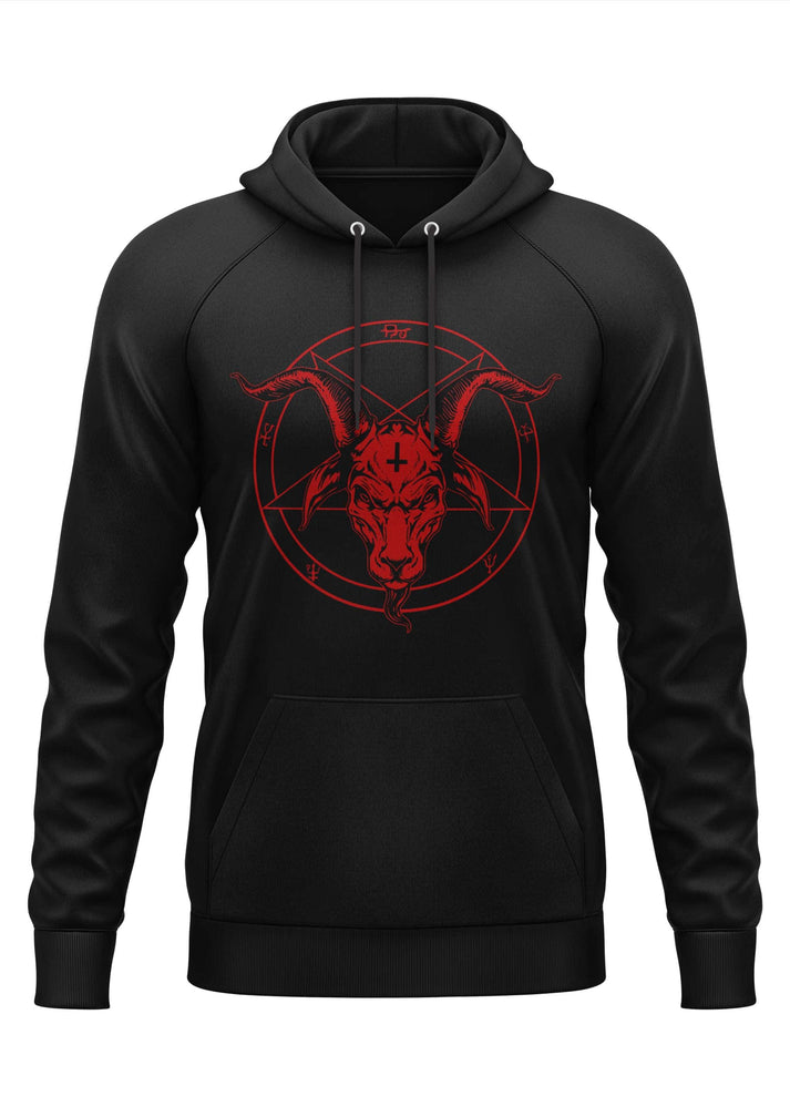 Black hoodie mit rotem gothic pentagramm und ziegenkopf grafik perfekt für horror fans