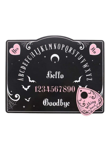 Pink and black ouija board with crescent moon bats stars and decorative swirls for spirit communication
