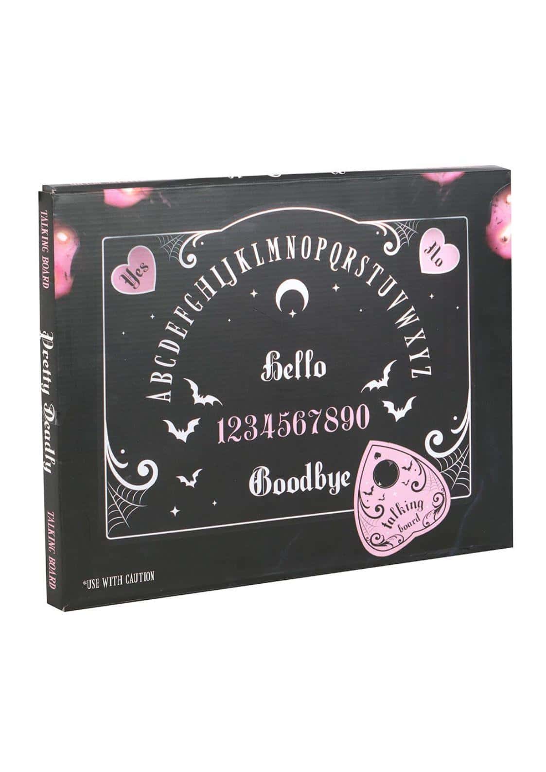 Schwarze rechteckige ouija board box mit rosa und weißen mustern sowie den worten hello und goodbye