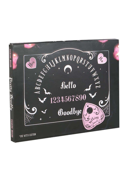 Schwarze rechteckige ouija board box mit rosa und weißen mustern sowie den worten hello und goodbye