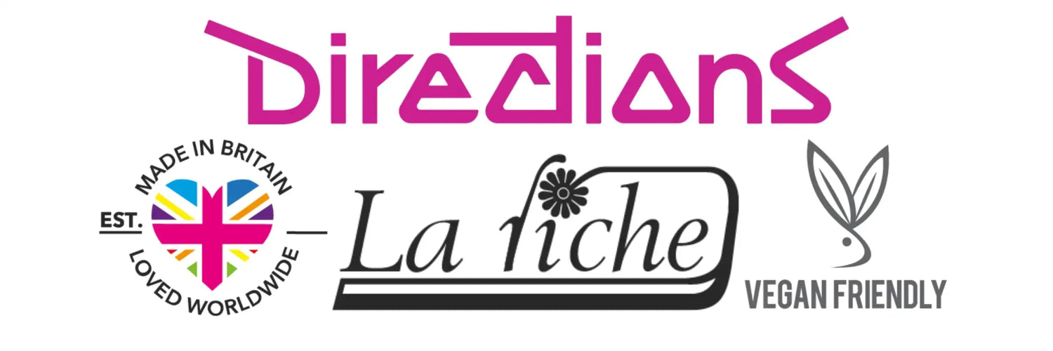 Pinkes ’directions’-Logo mit einem herzförmigen Union-Jack-Emblem und dem Text „made in britain, loved worldwide” daneben.