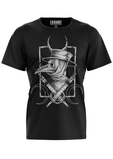 Schwarzes cotton t-shirt mit detailliertem weißen line-art plague doctor grafik in gehörntem hut und gekreuzten schwertern, gothic horror style