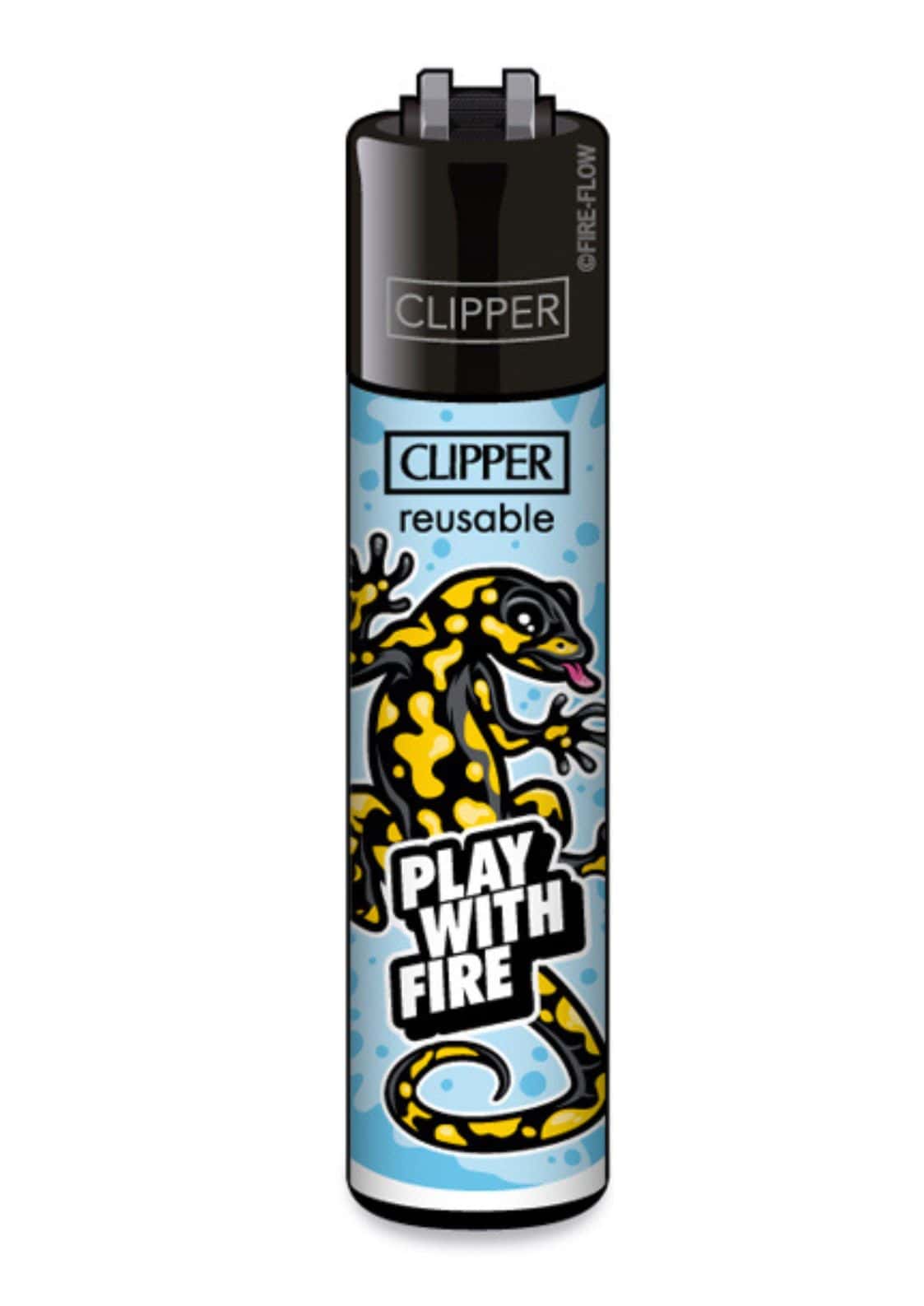 Play with fire clipper feuerzeug nachfüllbar mit schwarzem und gelbem salamander design vor blauem hintergrund