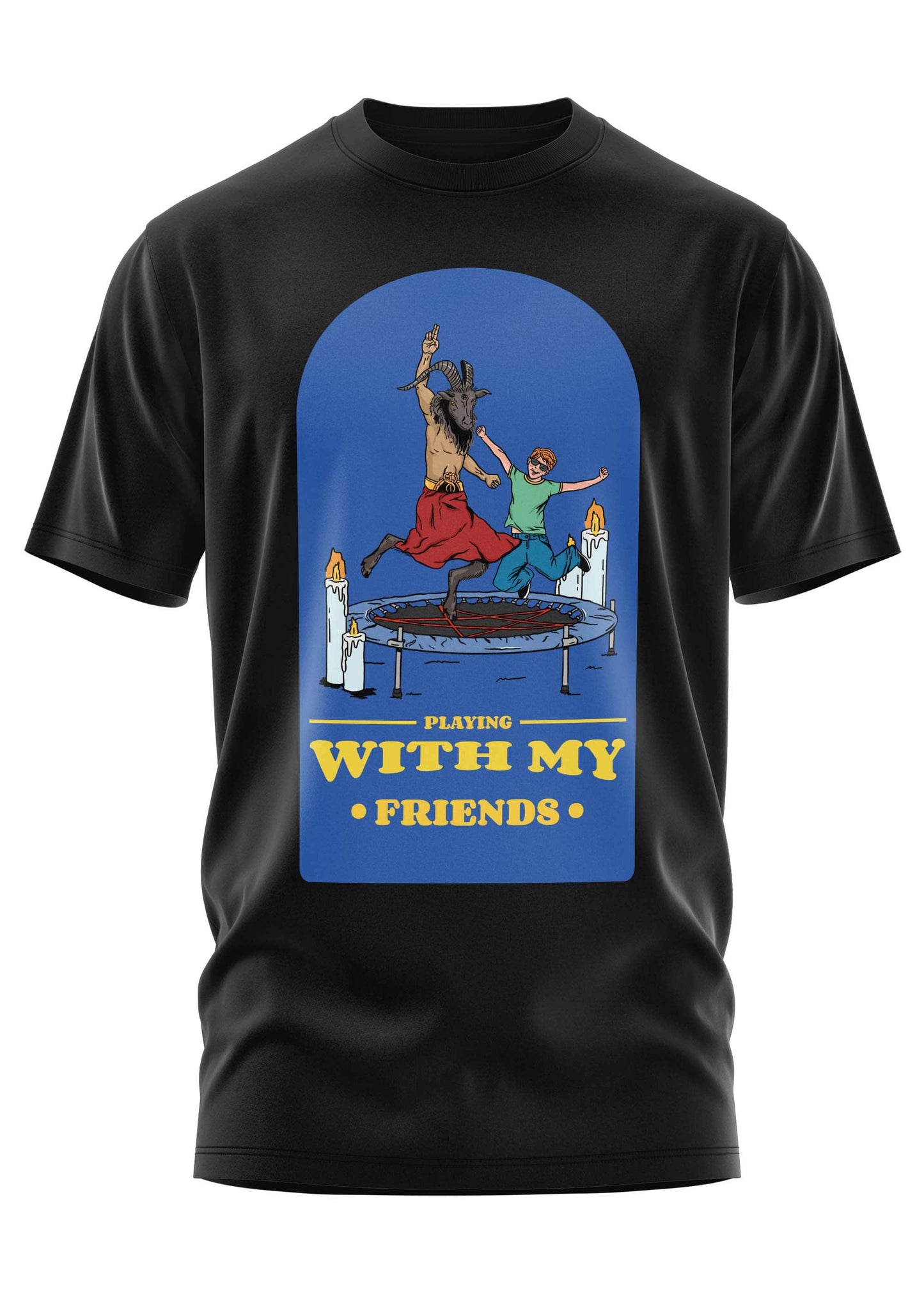 Schwarzes kurzarmshirt mit vibrant blauem trampoline-grafik und gelbem text playing with my friends im gothic horror style