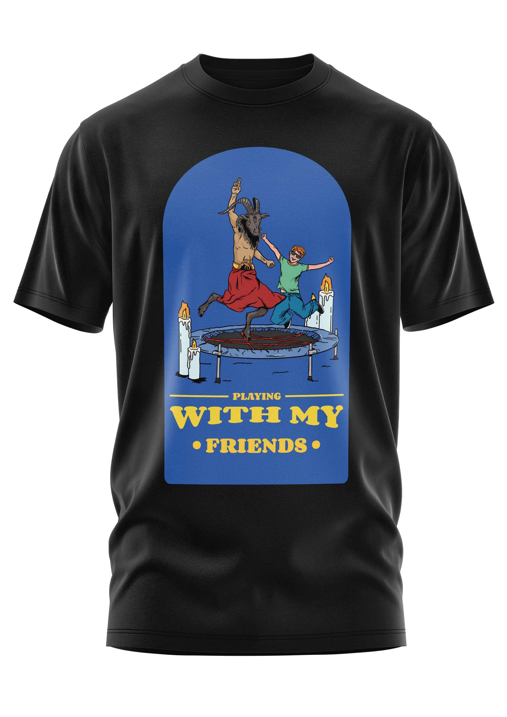 Schwarzes kurzarmshirt mit vibrant blauem trampoline-grafik und gelbem text playing with my friends im gothic horror style