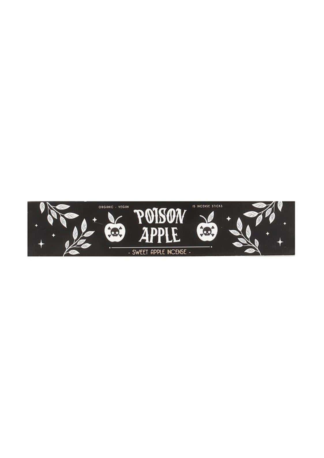 Schwarze rechteckige box mit poison apple sweet apple räucherstäbchen und weißem schädel-apfel-design für gothic horror fans