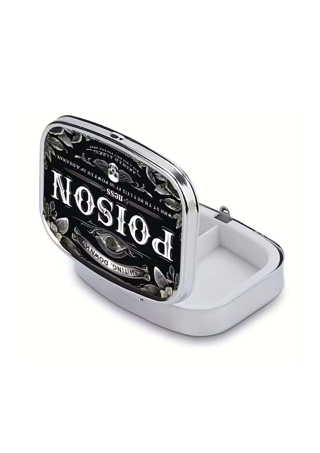 Poison pillendose silberner metall-pillendose mit gotischem schwarzweiß design und hervorstechendem poison schriftzug