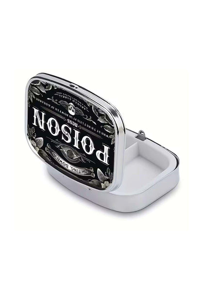 Poison pillendose silberner metall-pillendose mit gotischem schwarzweiß design und hervorstechendem poison schriftzug