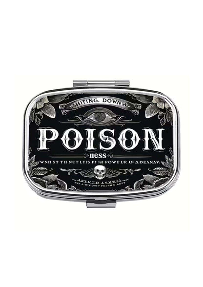Schwarzer rechteckiger klappspiegel mit silbernem rahmen und weißem gothic schriftzug poison mit schädelsymbol für dark fashion