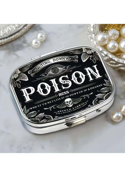 Silberne rechteckige taschenspiegel mit schwarzem gothic-deckel und weißen augen, schädel und blattmotiven für dark fashion