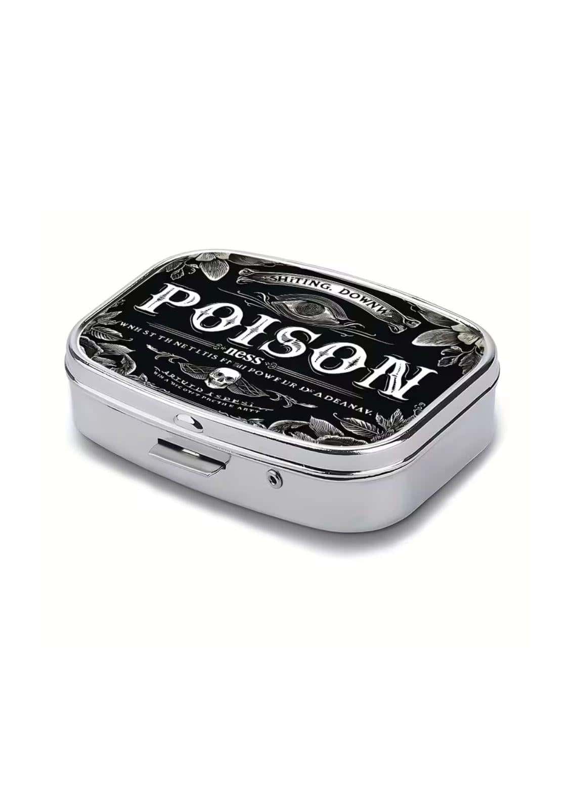 Silberne rechteckige tin dose poison pillendose mit schwarzem weißem gothic design und floralen mustern für gothic kleidung und horror fans