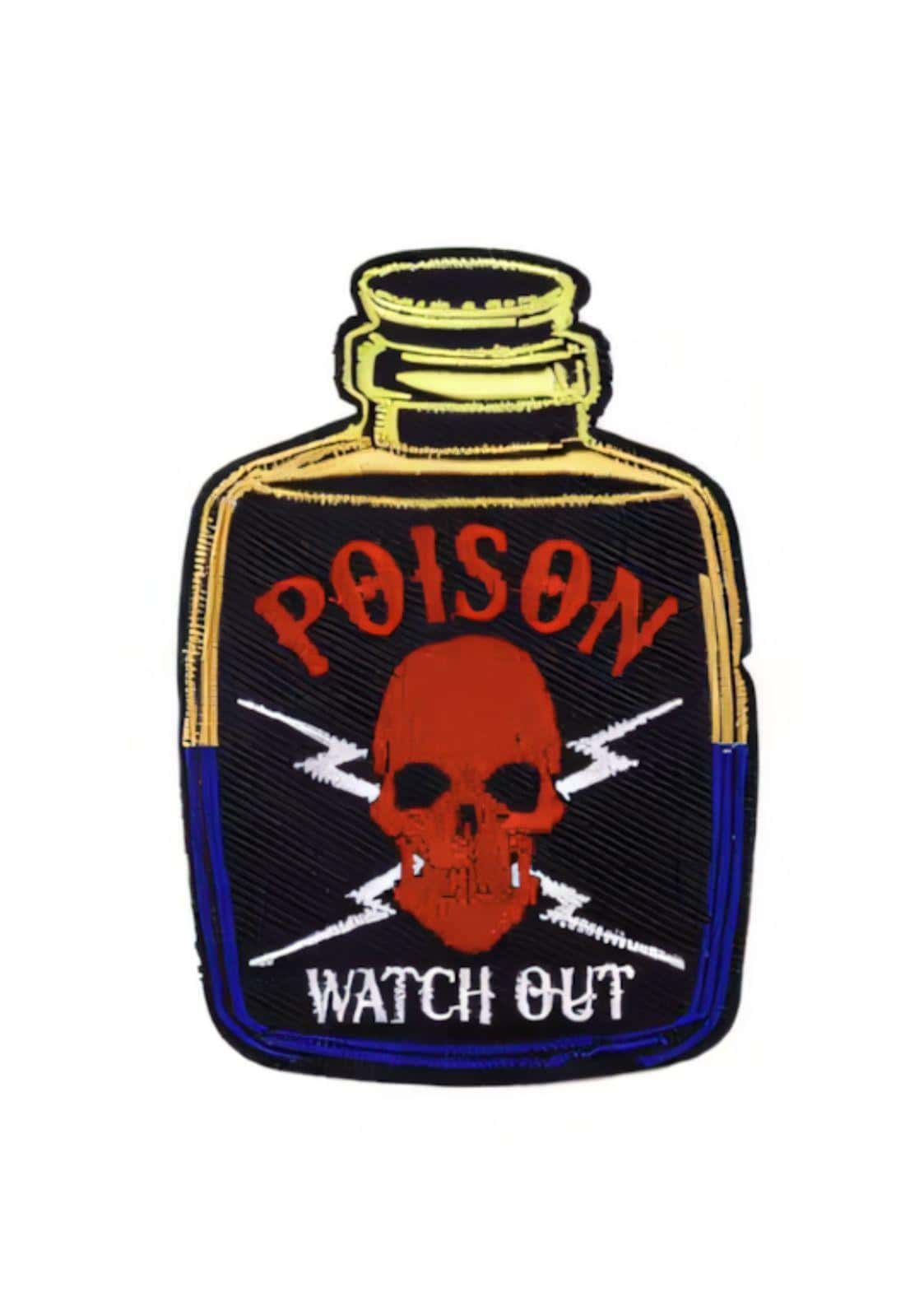 Black embroidered gothic patch shaped like a poison bottle with red skull and orange poison text for president patch