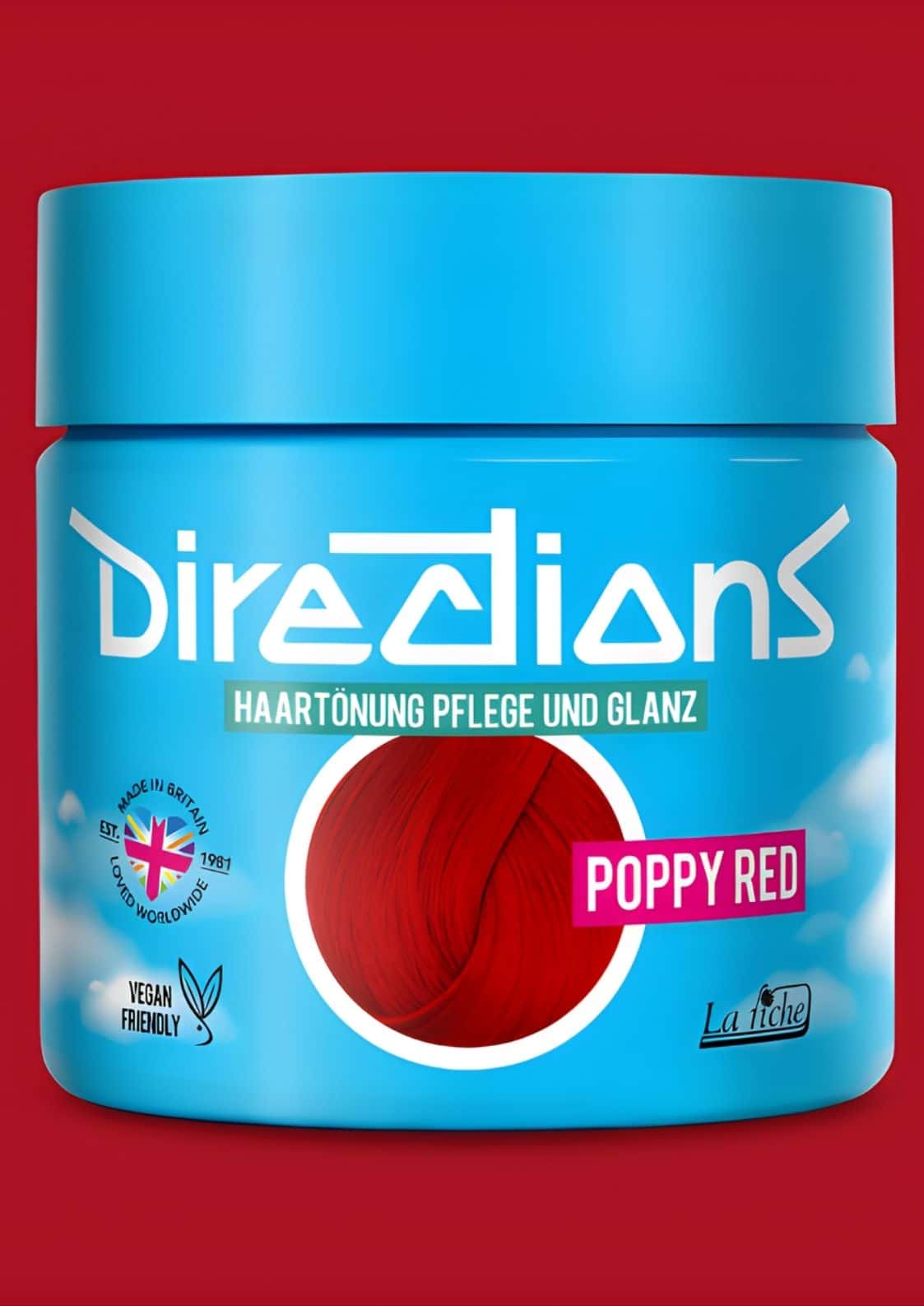 Ein leuchtendes rot directions poppy red haartönung 100ml in einem glänzenden blauen zylinder für blondiertem haar