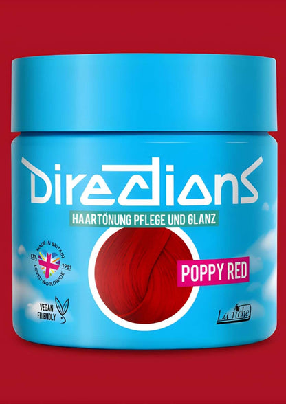 Ein leuchtendes rot directions poppy red haartönung 100ml in einem glänzenden blauen zylinder für blondiertem haar