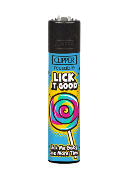 Ein buntes lollipop-themed clipper feuerzeug mit schwarzem oben und unten im gothic horror dark fashion stil