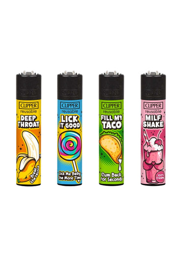 Vier bunte, wiederverwendbare clipper feuerzeuge mit spielerischen food-designs und schwarzen kappen für dark fashion fans