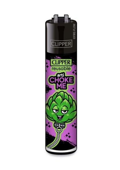 Lila und grüne cartoon-artischocken clipper feuerzeug mit kette im gothic horror dunkelfashion stil